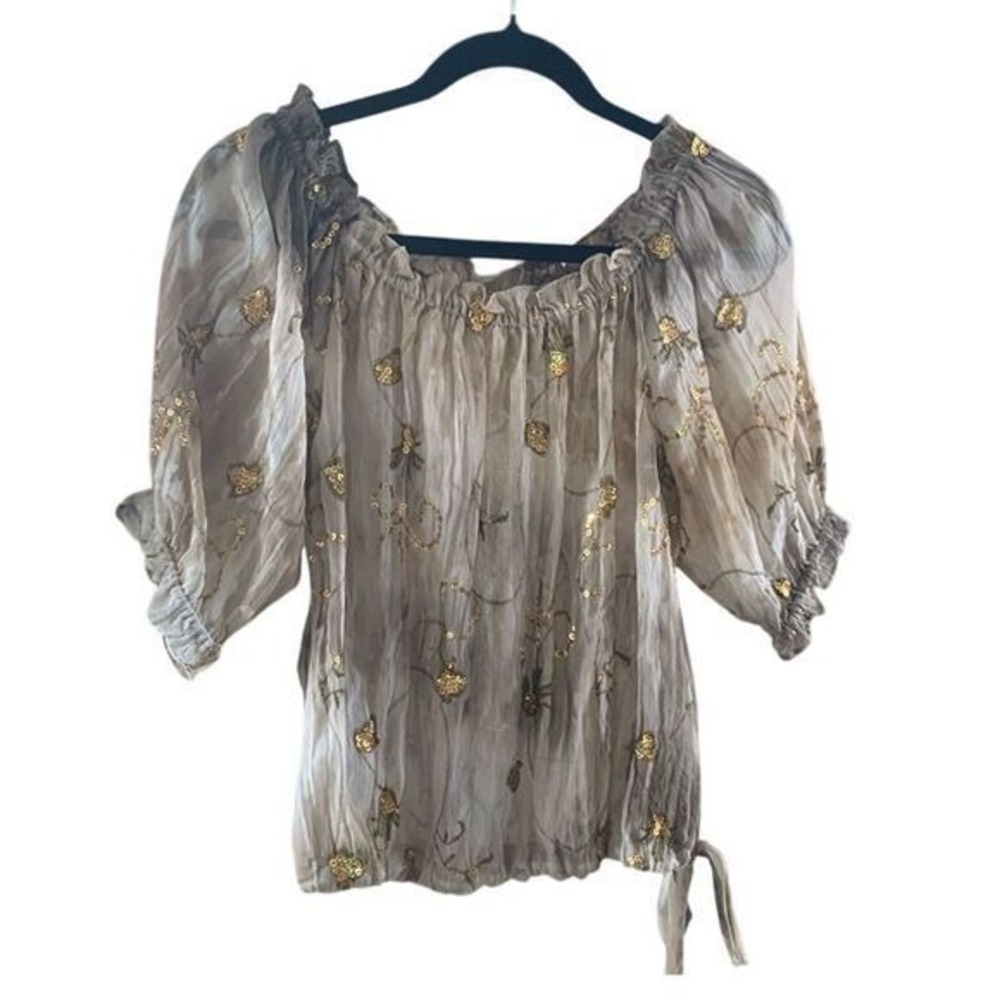 Peter‎ Nygard 8P Sheer Cream Gold Embroidered Sequin Boho Peasant Blouse
